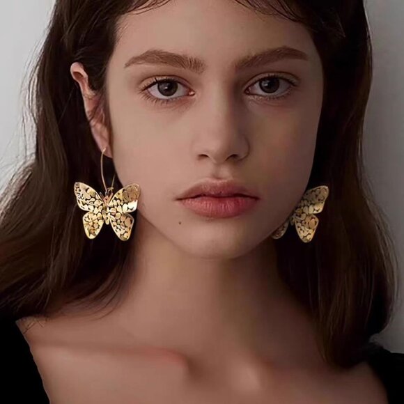 Big Gold Hollow Out Boho Geometric Hook Statement Gold Butterfly Dangle Earrings - Picture 3 of 8